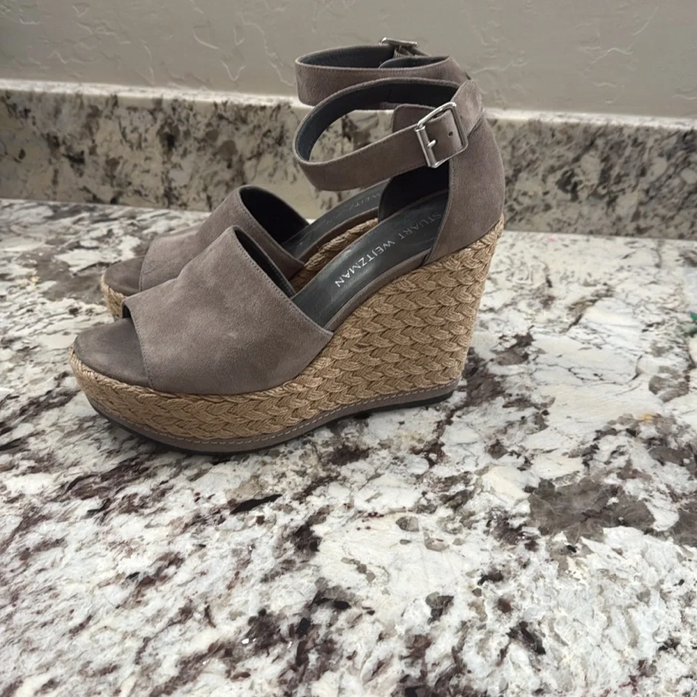 Stuart Weitzman Suede Gray Ankle-Strap Espadrille Wedge Sandals, 8.5
